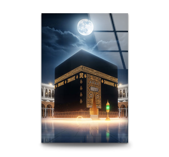 Religion glass wall art showing Kaaba and full moon Islamic wall decor symbolizing faith beauty and serene spiritual peace