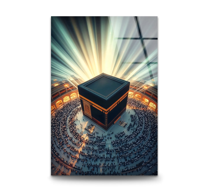 Kaaba Mecca glass wall art with radiant golden light
