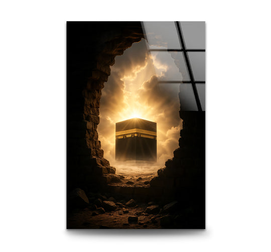 Religion glass wall art Kaaba emerging through golden light and stone is powerful Islamic home décor piece and radiant symbol