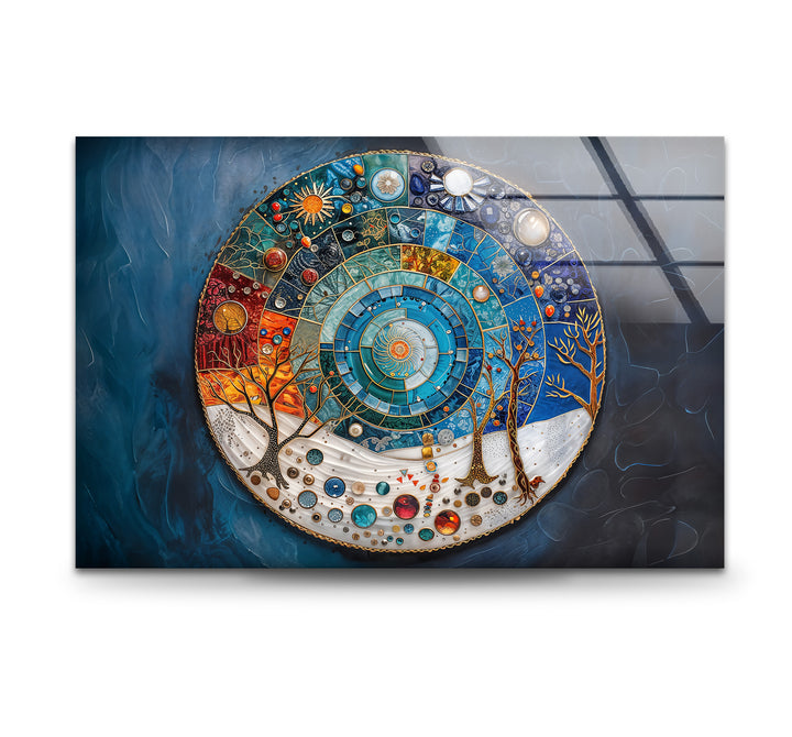 The foreground detail of this abstract Cosmic Cycle Mandala glass wall art features intricate circular designs and stylized trees, perfect home decor.
