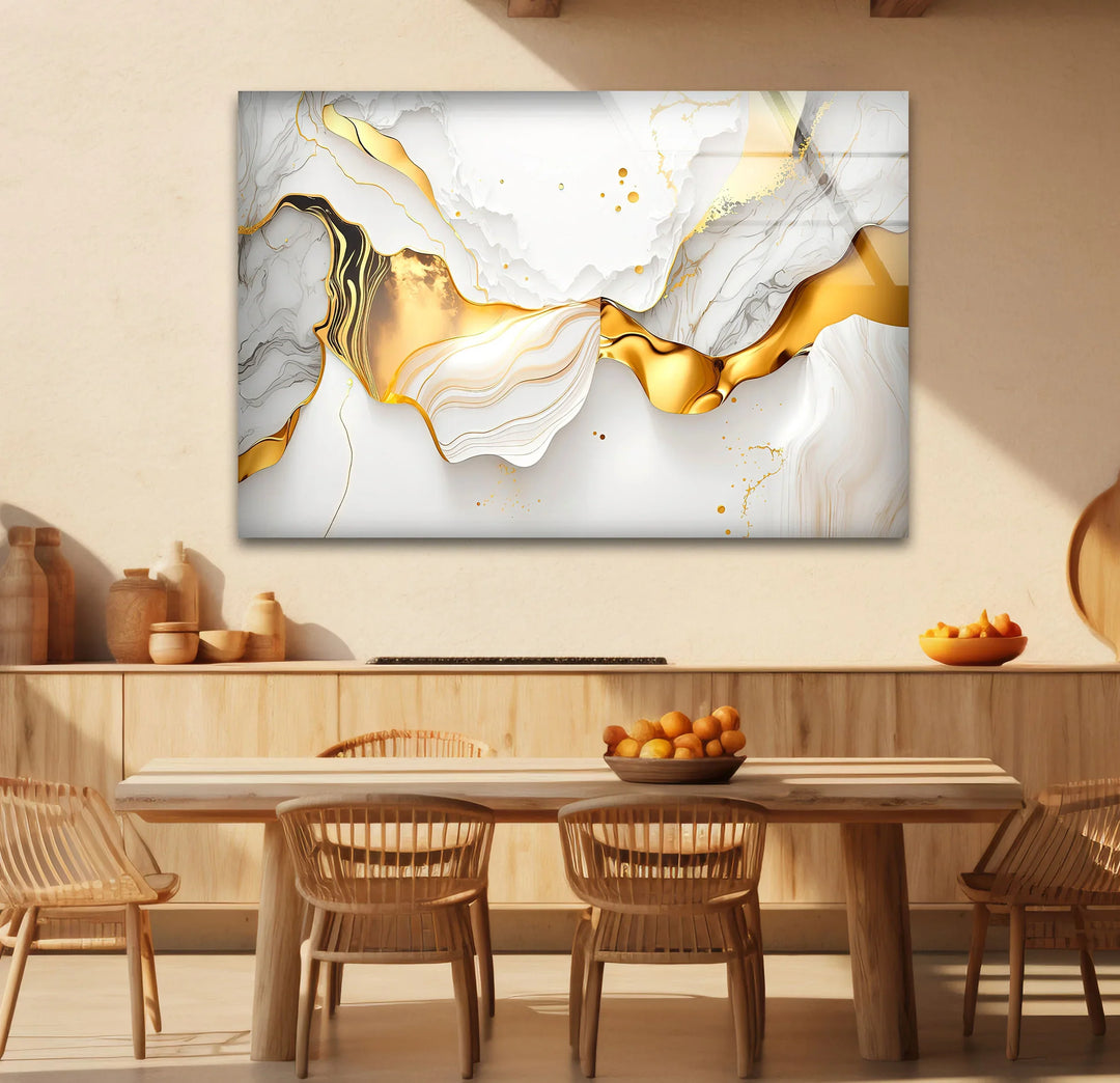 White and Gold Abstract Wall Art – Luxury Fluid Marble Glass Print for Modern Glam Interiors and Chic Living Spaces - MyPhotoStation