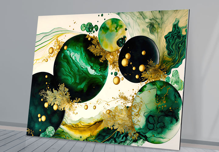 Emerald & Gold Abstract Glass Wall Art – Modern Luxury Home Decor