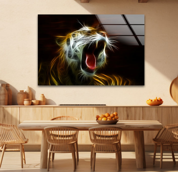 Electric Roar Tiger Wandkunst – Neon Wildtier Glasdruck Dekor