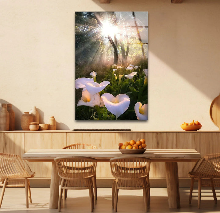 White Lily Forest Wall Art – Sunlit Flower Glass Print, Peaceful Botanical Nature Decor for Bedroom or Living Room - MyPhotoStation
