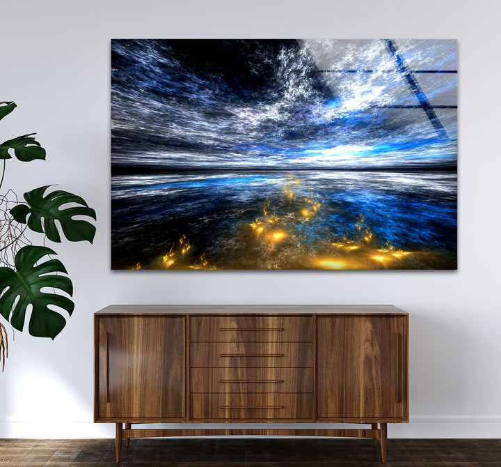Celestial Ocean Light Wall Art – Abstract Blue and Gold Horizon Glass Print