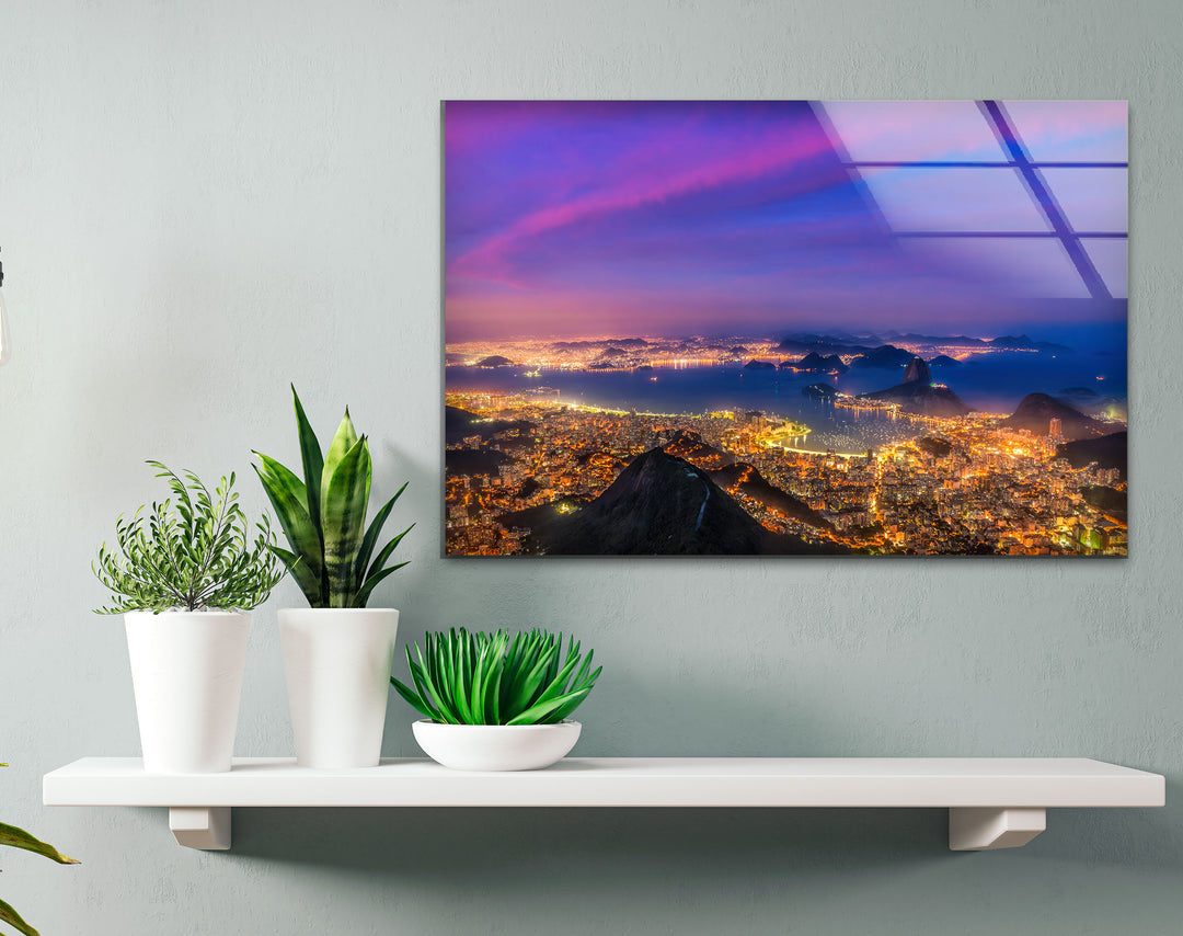 Rio de Janeiro Skyline Wall Art – Vibrant Cityscape Glass Print with Sunset Sky for Urban Interiors