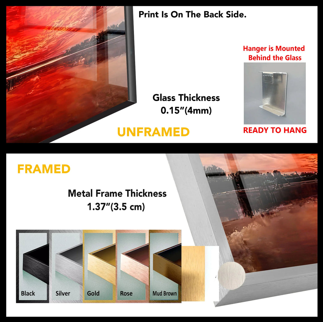 Fiery Sunset Sky Glass Wall Art – Dramatic Red Clouds Over Water Landscape - MyPhotoStation
