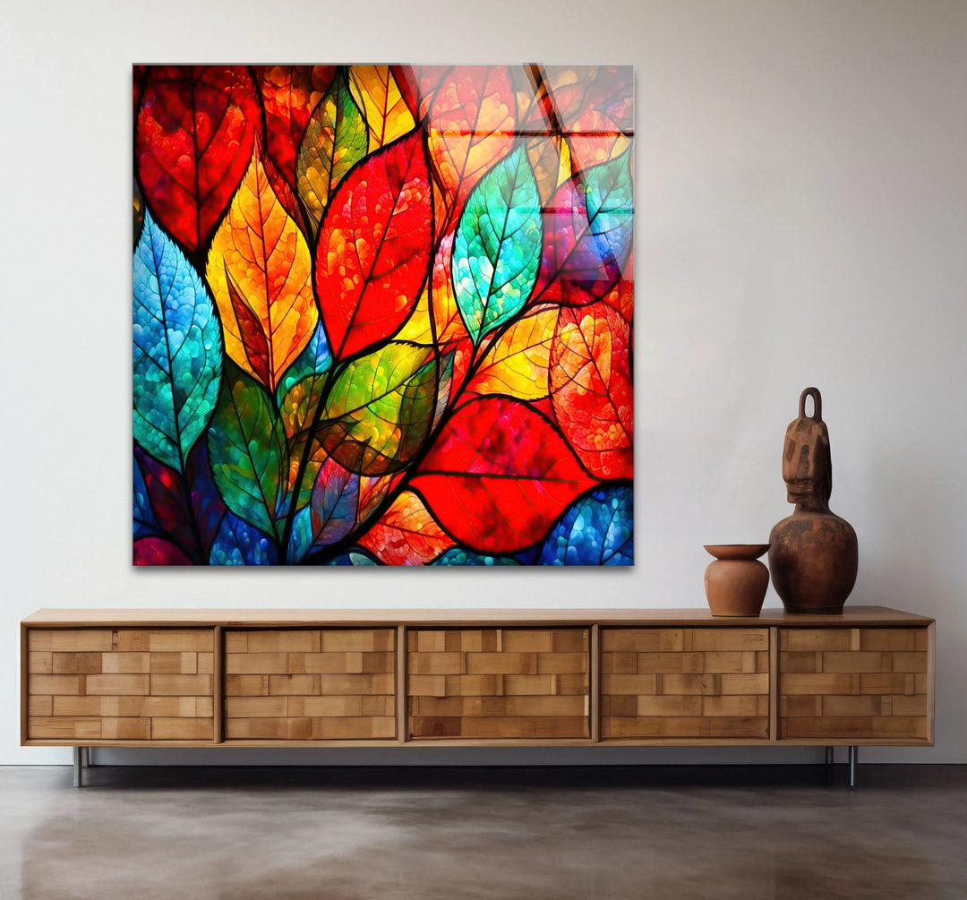 Vibrant Stained Glass Leaf Wall Art – Colorful Botanical Glass Decor - MyPhotoStation
