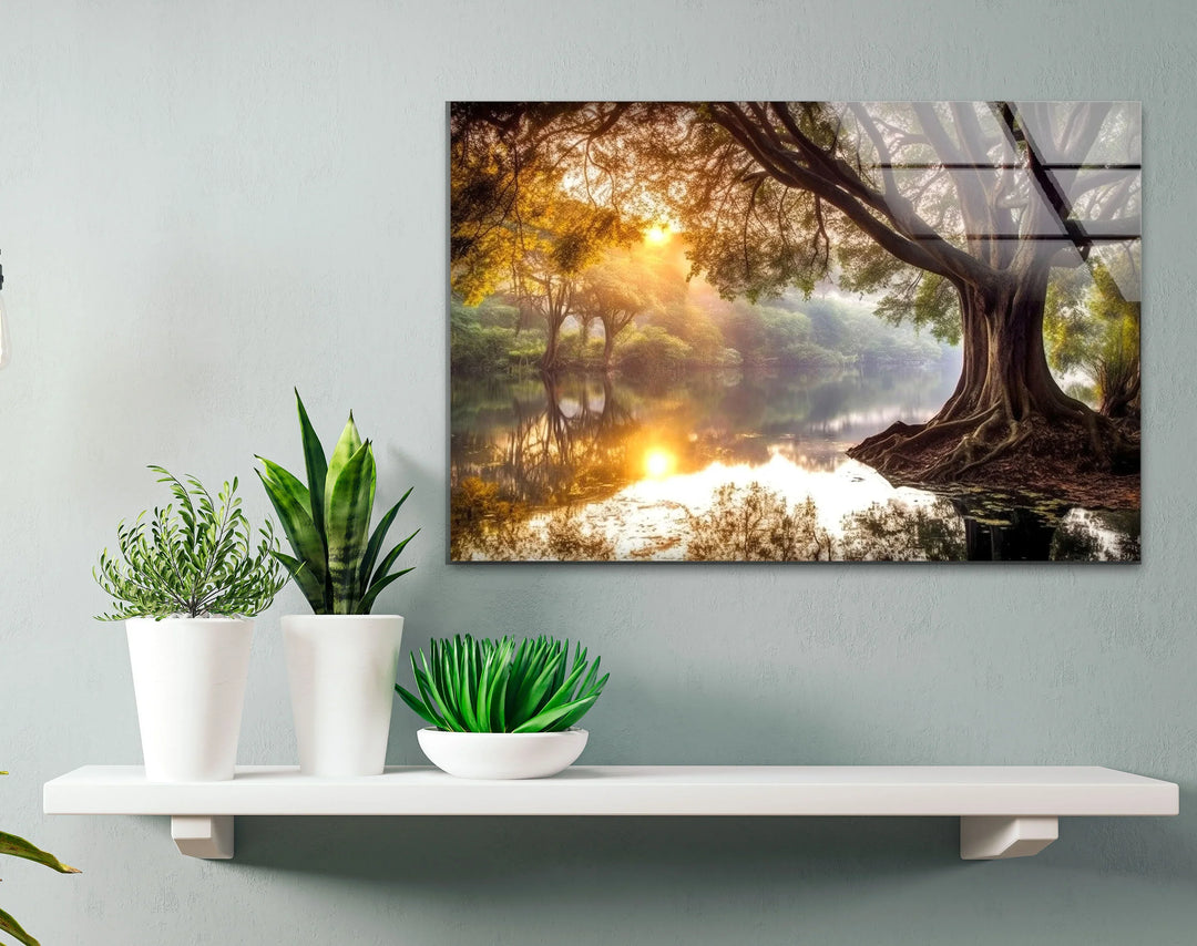 Golden Forest Sunrise Reflections – Majestic Tree and River Glass Wall Art - MyPhotoStation