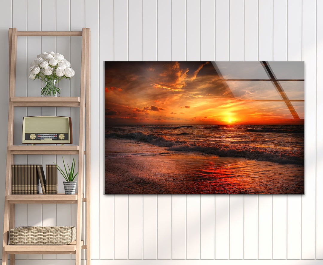 Fiery Sunset Ocean Wall Art – Bold Coastal Glass Print for Dramatic and Modern Interiors
