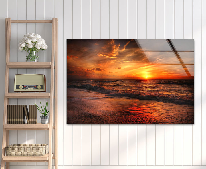 Fiery Sunset Ocean Wall Art – Bold Coastal Glass Print for Dramatic and Modern Interiors