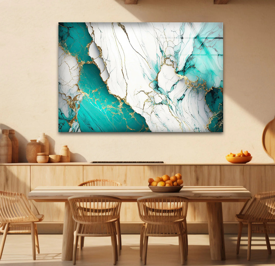 Teal and White Marble Wall Art – Luxury Abstract Glass Print with Gold Veins for Modern Interiors - MyPhotoStation