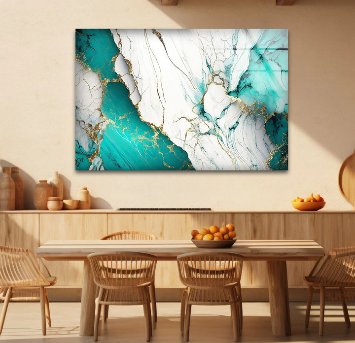 Teal and White Marble Wall Art – Luxury Abstract Glass Print with Gold Veins for Modern Interiors - MyPhotoStation