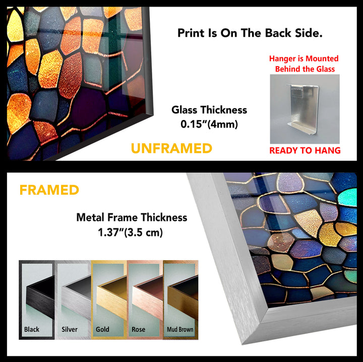 Moderne Wanddekoration aus Buntglas – Abstraktes Mosaikmuster in Blau und Gold