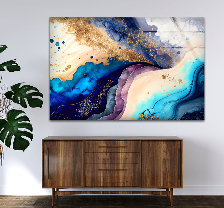 Elegant Blue & Gold Abstract Glass Wall Art – Luxury Modern Decor