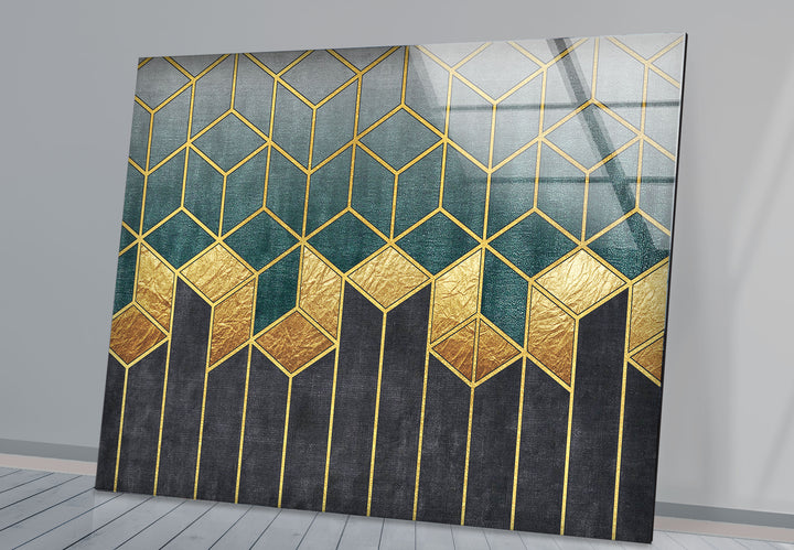 Gold Teal Geometric Wall Art – Luxury Patterned Glass Print for Modern Decor