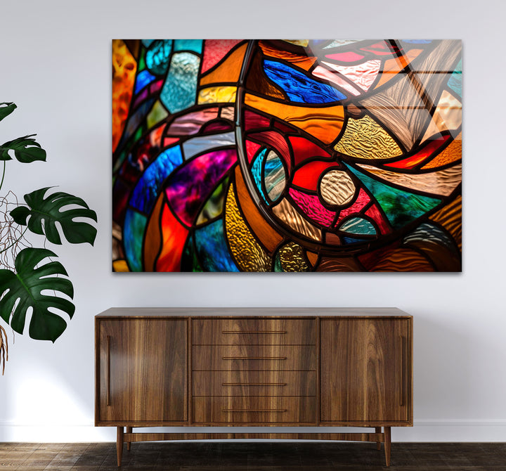 Abstrakte Wanddekoration aus Buntglas – Lebendiges, mehrfarbiges, modernes Fensterdesign 