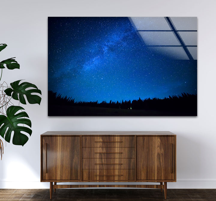 Starry Night Sky Wall Art – Deep Blue Milky Way Glass Print Decor