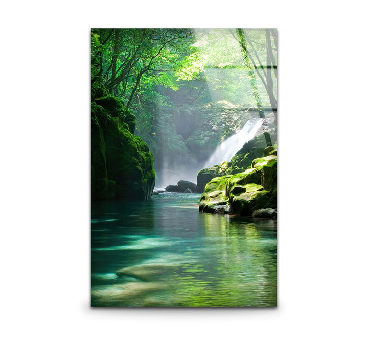Tranquil Forest Waterfall Wall Art – Serene Nature Glass Print for Zen-Inspired Decor - MyPhotoStation