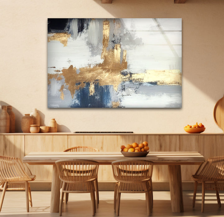 Navy Gold Brushstroke Wall Art – Modern Abstract Glass Print Décor