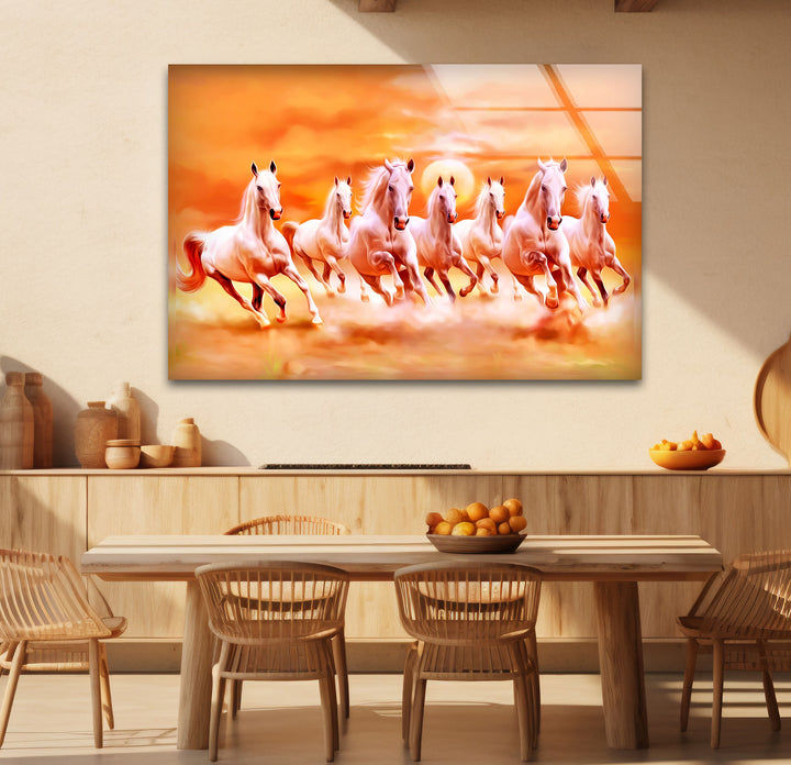 Wandkunst mit sieben laufenden Pferden – Spirituelle Sonnenaufgangsszene, Glasdruck