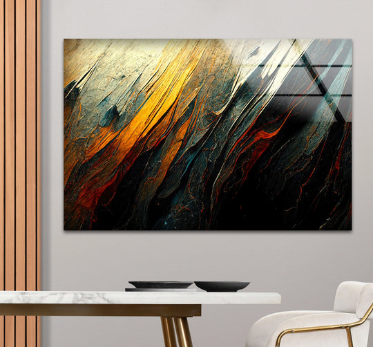 Horizontal abstract glass wall art featuring a dramatic lava-like flow in deep blacks and fiery oranges, a stunning piece of decorative wall art.