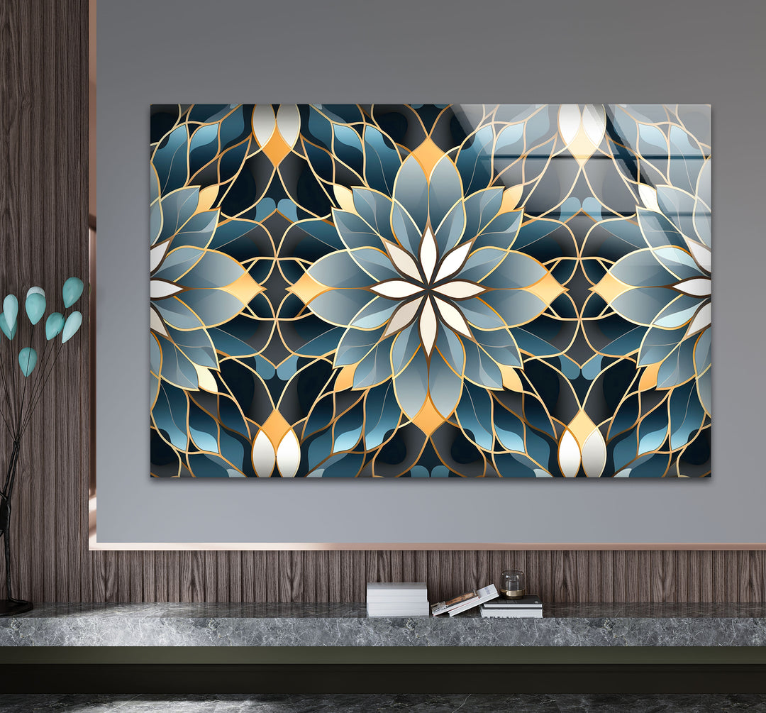Elegant Lotus Mandala Glass Wall Art – Blue Gold Sacred Geometry Pattern