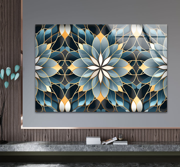 Elegant Lotus Mandala Glass Wall Art – Blue Gold Sacred Geometry Pattern