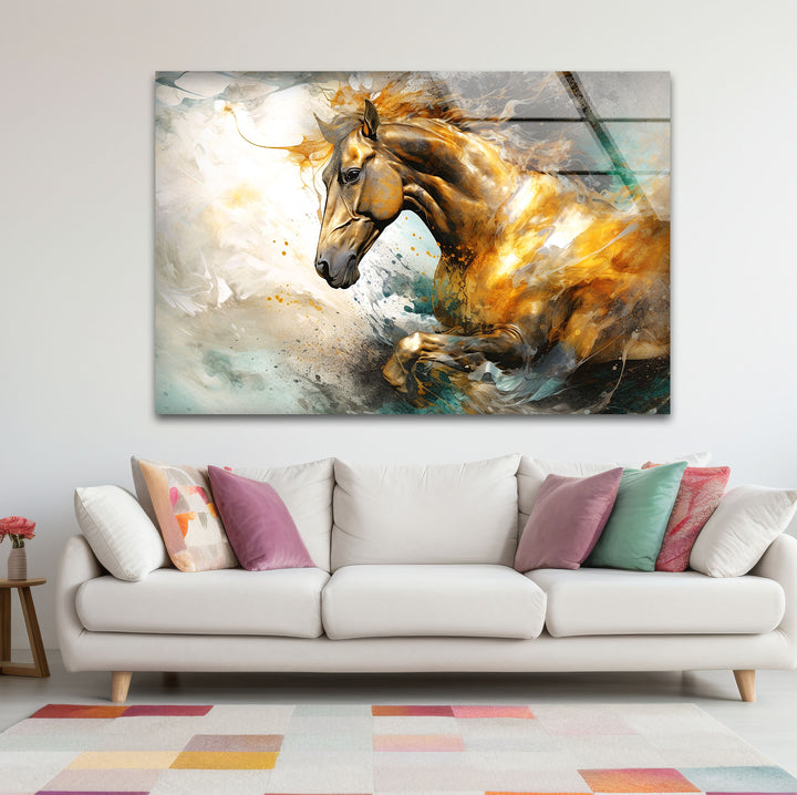 Golden Gallop Wandkunst – Majestätisches Pferd Abstraktes Glasdruckdekor