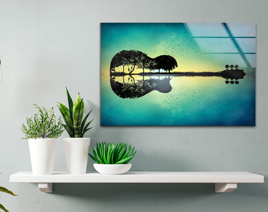 Surreal Guitar Island Wall Art – Nature and Music Landscape Glass Print