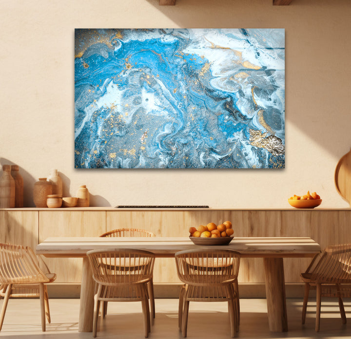 Blue Gold Ocean Marble Wall Art – Elegant Abstract Glass Print Decor
