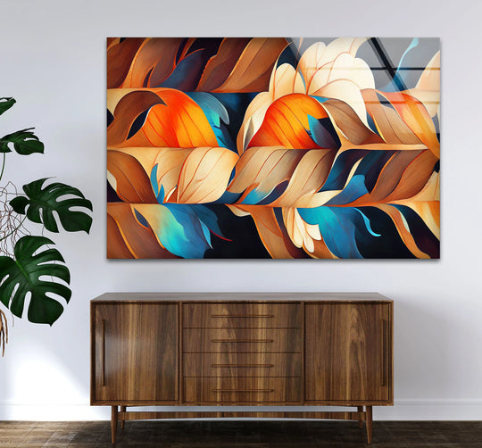 Flowing abstract organic forms in earthy orange and teal hues create a stunning art from glass piece.