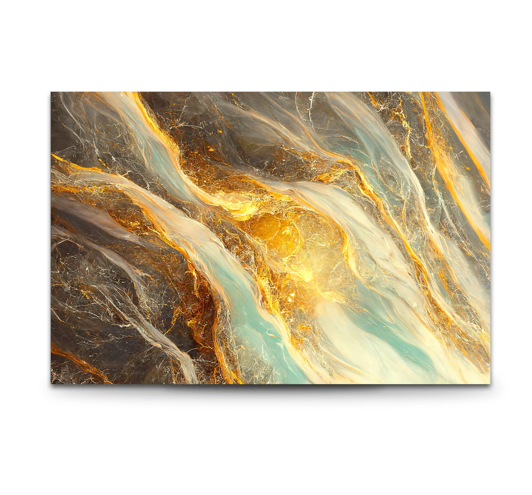 Gold Teal Marble Wall Art – Abstract Glass Print with Fiery Metallic Flow for Modern Elegant Interiors - MyPhotoStation