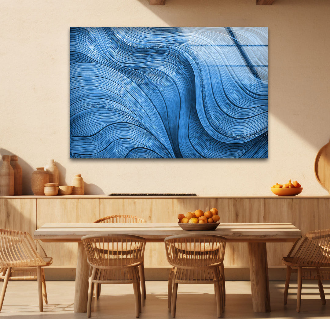 Blue Flow Line Wall Art – Modern Minimalist Wave Glass Print