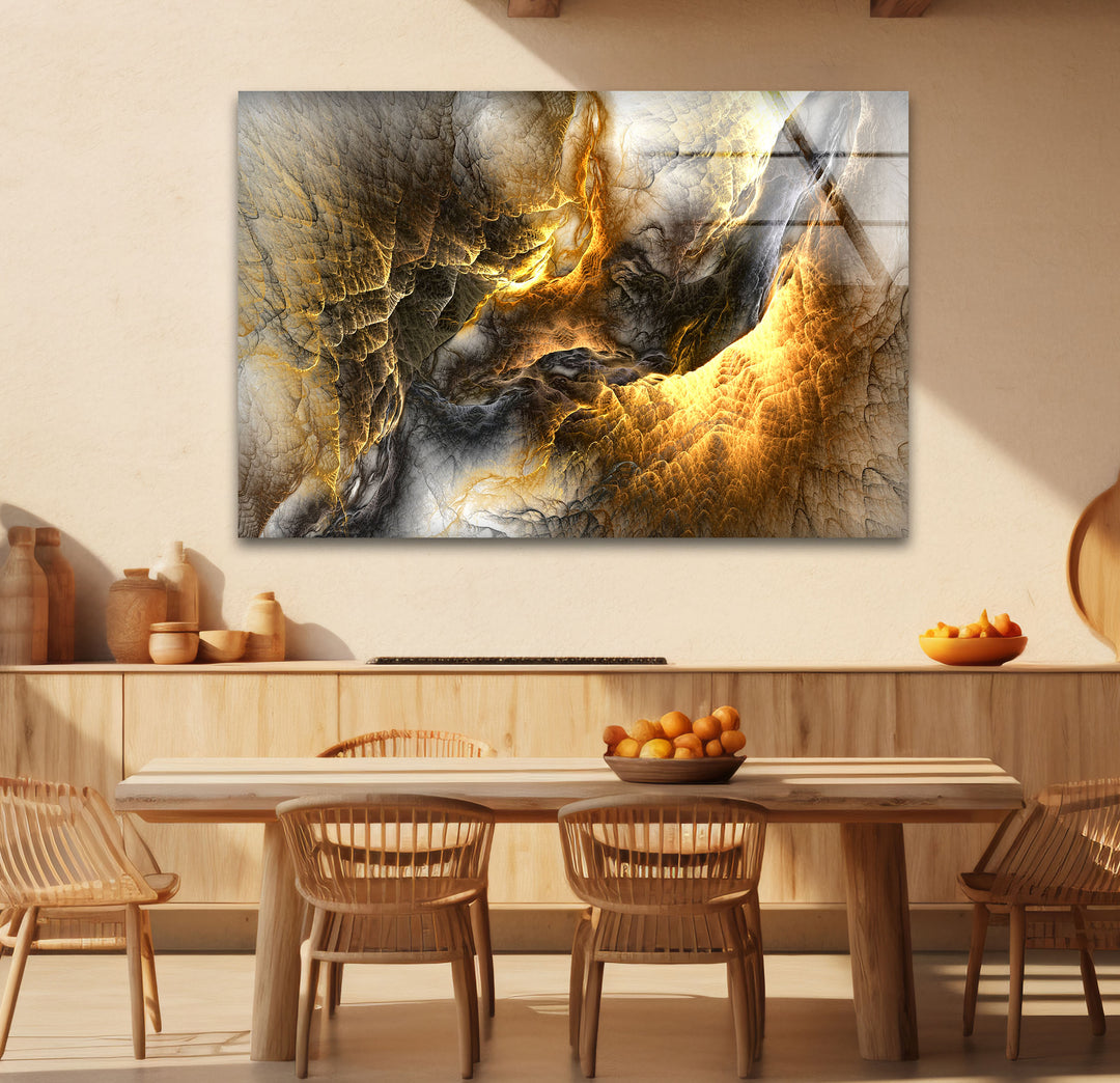 Golden Ember Cavern Wall Art – Textured Abstract Glass Print Decor