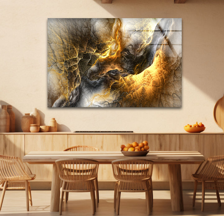 Golden Ember Cavern Wall Art – Textured Abstract Glass Print Decor