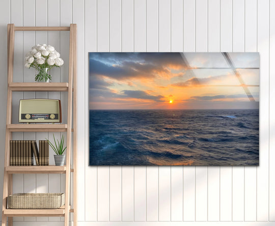 Radiant ocean horizon sunset tempered glass print on display captures the serene coastal view, using innovative glass printing to enhance its vivid colors and dramatic perspective.