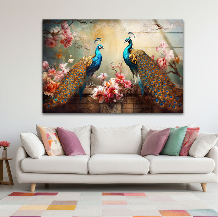 Elegant Peacock Wall Art – Floral Tempered Glass Print for Luxury Interiors