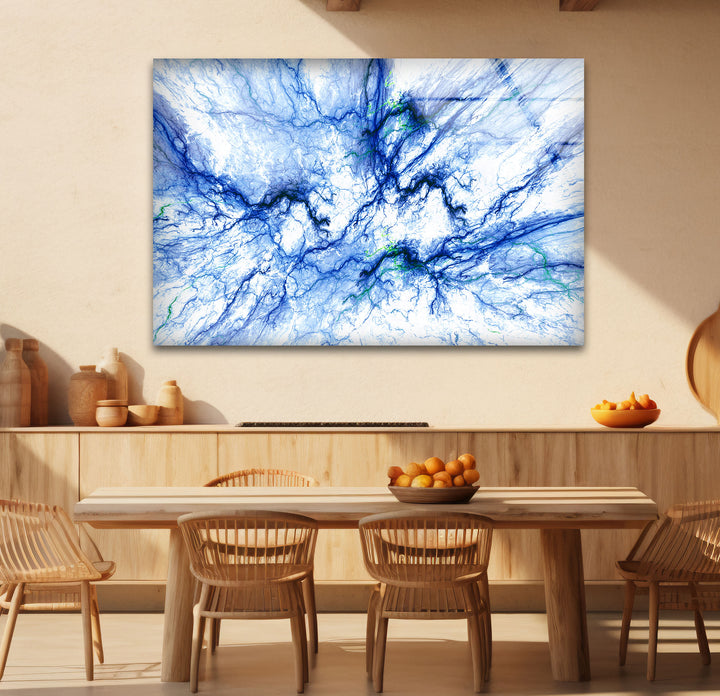 Electric Blue Vein Wall Art – Abstract Lightning-Inspired Glass Print