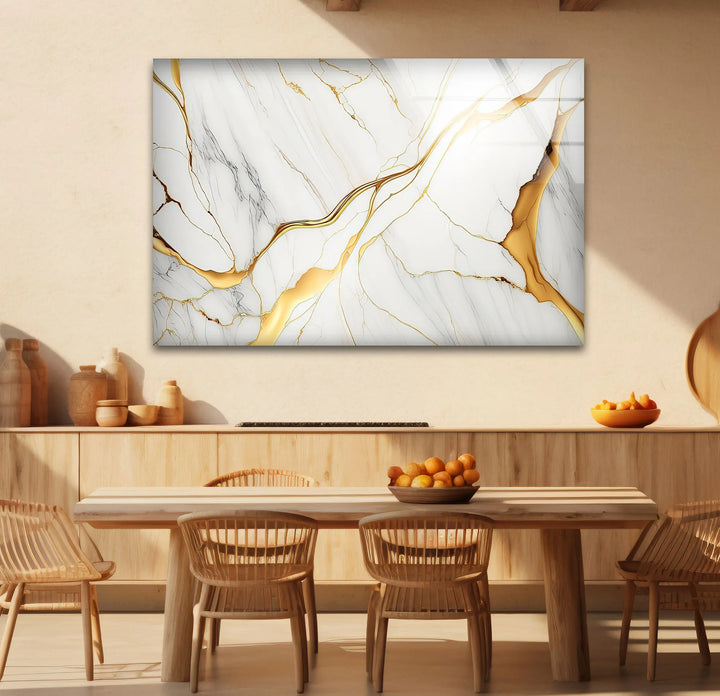 White Marble Wall Art with Gold Veins – Elegant Abstract Glass Print for Modern Luxury Interiors - MyPhotoStation