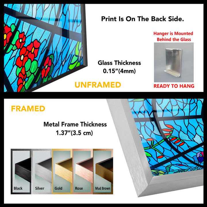 Blue Stained Glass Wall Art – Vibrant Floral & Ocean Window Design for Home & Office