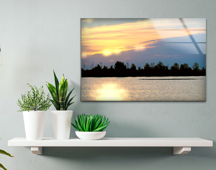 Sunset Lake View Wall Art – Serene Wind Turbine Glass Print for Eco-Inspired and Modern Interiors