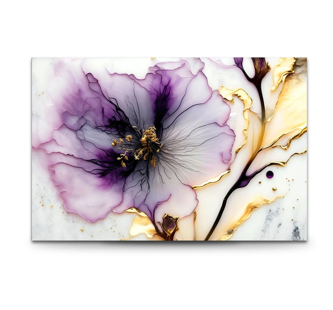 Purple and Gold Abstract Floral Wall Art – Luxury Glass Print for Elegant Interiors - MyPhotoStation