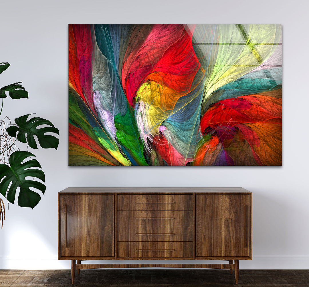 Colorful Feather Burst Wall Art – Abstract Rainbow Glass Print Decor