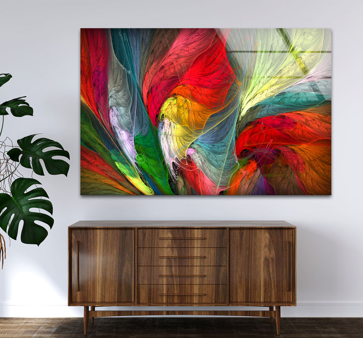 Colorful Feather Burst Wall Art – Abstract Rainbow Glass Print Decor