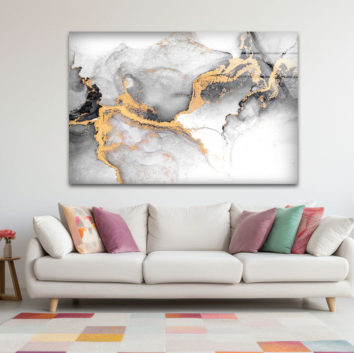 Black White and Gold Abstract Wall Art – Minimalist Glass Print for Modern Decor