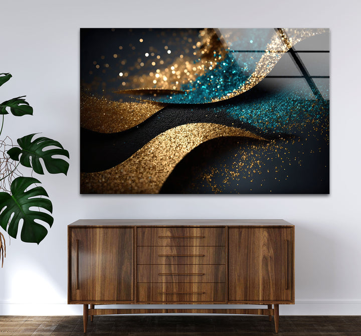 Gold Teal Glitter Wave Wall Art – Luxury Sparkle Abstract Glass Print