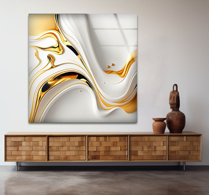 White Gold Fluid Wall Art – Modern Abstract Glass Print for Interior Elegance