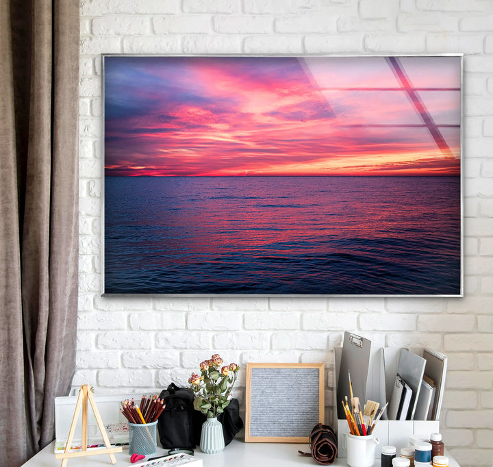 Pink Ocean Sunset Horizon – Serene Seascape Wall Art on Tempered Glass - MyPhotoStation