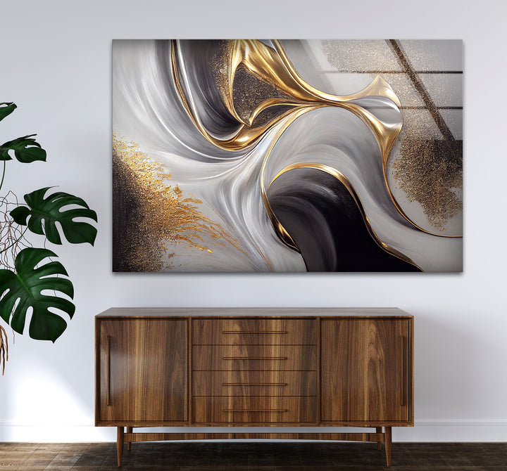 Gold Black White Abstract Wall Art – Elegant Fluid Wave Glass Print for Luxury Interiors
